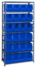 The Quantum Shelving Unit is 18D x 36L x 75H and holds 400 lb. per shelf. It includes seven shelves and 24 large Qus265 blue bins, featuring uprights, cross bars, and a galvanized steel finish with visible holes and bolts for adjustable shelving.