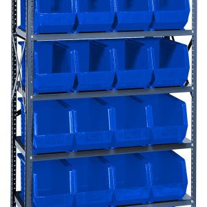 The Quantum Shelving Unit is 18D x 36L x 75H and holds 400 lb. per shelf. It includes seven shelves and 24 large Qus265 blue bins, featuring uprights, cross bars, and a galvanized steel finish with visible holes and bolts for adjustable shelving.