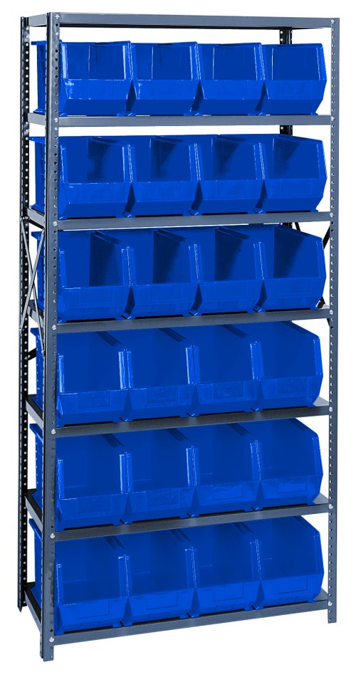 The Quantum Shelving Unit is 18D x 36L x 75H and holds 400 lb. per shelf. It includes seven shelves and 24 large Qus265 blue bins, featuring uprights, cross bars, and a galvanized steel finish with visible holes and bolts for adjustable shelving.