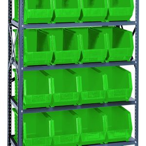 The Quantum Shelving Unit, measuring 18D x 36L x 75H, boasts seven shelves with a heavy-duty load capacity of 400 lbs each. It includes sturdy uprights and cross bars, as well as 24 QUS265 green bins with open fronts for easy access, efficiently organizing and storing items.