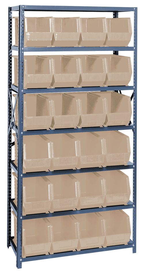 QSBU-265_IV.jpg The Quantum Shelving Unit measures 18D x 36L x 75H, holding seven shelves and 24 QUS265 ivory bins. Its galvanized steel finish ensures durability and easy access, with a load capacity of 400 lbs per shelf. Ideal for all your storage needs.