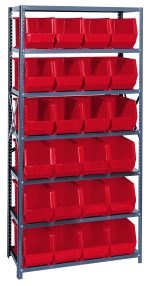 The Quantum Shelving Unit in galvanized steel, measuring 18D x 36L x 75H, features seven heavy-duty shelves with a load capacity of 400 lbs. each. It includes uprights and cross bars for stability, plus 24 Qus265 red bins for open-top organization.
