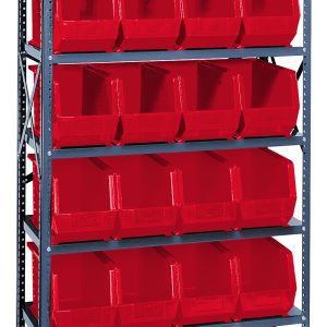 The Quantum Shelving Unit in galvanized steel, measuring 18D x 36L x 75H, features seven heavy-duty shelves with a load capacity of 400 lbs. each. It includes uprights and cross bars for stability, plus 24 Qus265 red bins for open-top organization.