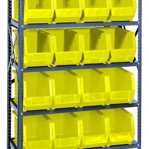 The Quantum Shelving Unit, measuring 18D x 36L x 75H, features seven heavy-duty galvanized steel shelves and includes 24 QUS265 yellow bins.