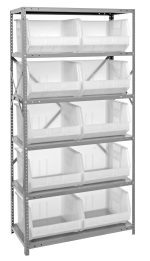 The Quantum Shelving Unit, measuring 18D x 36L x 75H, features six shelves with a 400 lb. load capacity each. It includes ten QUS270 clear bins and is supported by uprights and cross bars, all in a galvanized steel finish.