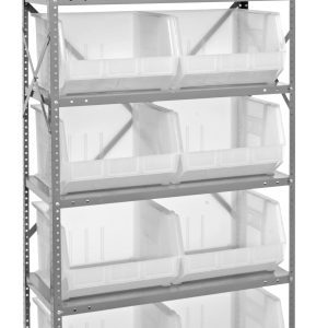 The Quantum Shelving Unit, measuring 18D x 36L x 75H, features six shelves with a 400 lb. load capacity each. It includes ten QUS270 clear bins and is supported by uprights and cross bars, all in a galvanized steel finish.