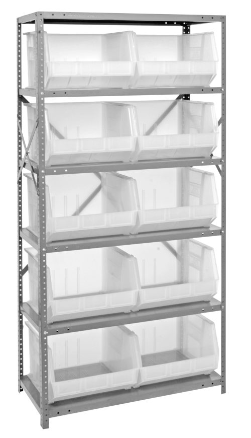 The Quantum Shelving Unit, measuring 18D x 36L x 75H, features six shelves with a 400 lb. load capacity each. It includes ten QUS270 clear bins and is supported by uprights and cross bars, all in a galvanized steel finish.