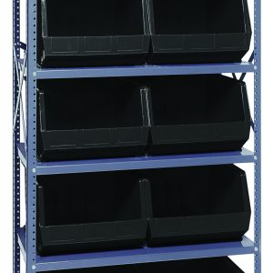 The Quantum Shelving Unit, measuring 18D x 36L x 75H, supports up to 400 lbs per shelf and includes six shelves with ten QUS270 black bins. It features a durable blue frame with galvanized steel finish for an industrial look and organized storage solution.