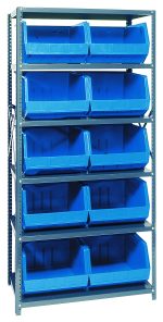 The Quantum Shelving Unit, 18D x 36L x 75H, features six shelves with ten open-front Qus270 blue bins in two columns and five rows. It supports a 400 lb load capacity per shelf. Its galvanized steel finish provides sturdy support against a plain backdrop.