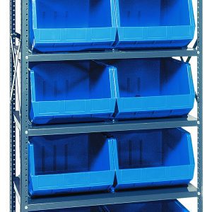 The Quantum Shelving Unit, 18D x 36L x 75H, features six shelves with ten open-front Qus270 blue bins in two columns and five rows. It supports a 400 lb load capacity per shelf. Its galvanized steel finish provides sturdy support against a plain backdrop.