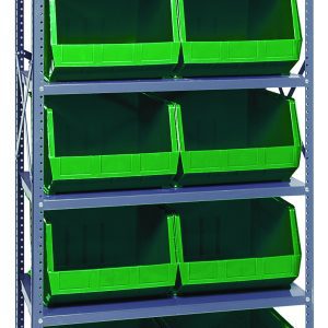 The Quantum Shelving Unit (18D x 36L x 75H) features six shelves holding ten QUS270 green bins in a 2-2-2-2-1 configuration, supported by sturdy blue metallic uprights and cross bars, with a galvanized steel finish, boasting a heavy-duty load capacity of 400 lbs per shelf.