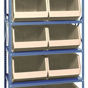 A heavy-duty Quantum shelving unit in galvanized steel, measuring 18D x 36L x 75H, features six shelves with a 400 lb. load capacity each and includes ten spacious QUS270 ivory bins.