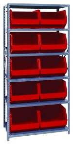 The Quantum Shelving Unit measures 18D x 36L x 75H, and features a heavy-duty design with six shelves, each supporting up to 400 lbs. It includes ten QUS270 red bins with open fronts for easy access. The unit is made of galvanized steel, providing a robust and professional appearance.