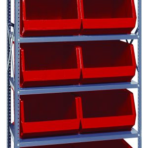The Quantum Shelving Unit measures 18D x 36L x 75H, and features a heavy-duty design with six shelves, each supporting up to 400 lbs. It includes ten QUS270 red bins with open fronts for easy access. The unit is made of galvanized steel, providing a robust and professional appearance.
