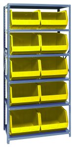 The Quantum Shelving Unit, 18D x 36L x 75H, in galvanized steel supports a total of 10 yellow Qus270 bins with uprights and cross bars. Each shelf holds up to 400 lbs., providing easy access with open-front bins.