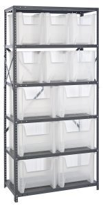 The Quantum Shelving Unit, measuring 18D x 36L x 75H, features six adjustable shelves each supporting up to 400 lbs. It includes six QGH600 and six QGH800 clear bins for easy access. The galvanized steel frame with visible holes offers flexible positioning for versatile storage solutions.