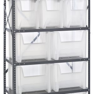 The Quantum Shelving Unit, measuring 18D x 36L x 75H, features six adjustable shelves each supporting up to 400 lbs. It includes six QGH600 and six QGH800 clear bins for easy access. The galvanized steel frame with visible holes offers flexible positioning for versatile storage solutions.