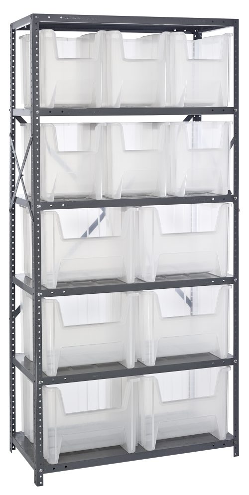 The Quantum Shelving Unit, measuring 18D x 36L x 75H, features six adjustable shelves each supporting up to 400 lbs. It includes six QGH600 and six QGH800 clear bins for easy access. The galvanized steel frame with visible holes offers flexible positioning for versatile storage solutions.