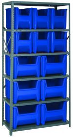 The Quantum Shelving Unit measures 18D x 36L x 75H, supporting 400 lb. per shelf. It features six shelves, includes six QGH600 and six QGH800 blue bins, durable uprights, cross bars, and a galvanized steel finish for enhanced organization and access.
