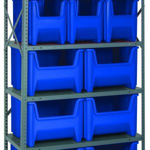 The Quantum Shelving Unit measures 18D x 36L x 75H, supporting 400 lb. per shelf. It features six shelves, includes six QGH600 and six QGH800 blue bins, durable uprights, cross bars, and a galvanized steel finish for enhanced organization and access.