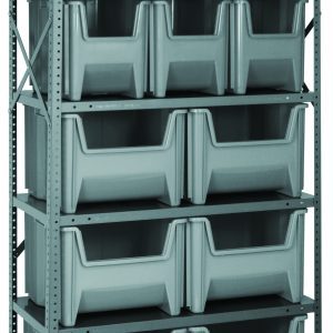 The Quantum Shelving Unit, measuring 18D x 36L x 75H, is heavy-duty with a galvanized steel finish. It includes six shelves, robust uprights, and cross bars. The unit features six QGH600 and six QGH800 gray bins for organized storage and offers a 400 lb. load capacity per shelf.