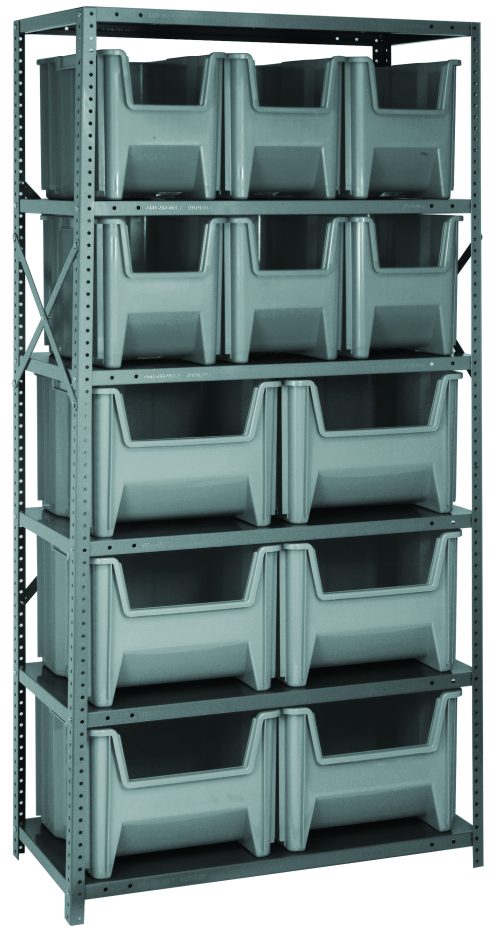 QSBU-600800_GY.jpg The Quantum Shelving Unit, measuring 18D x 36L x 75H, is heavy-duty with a galvanized steel finish. It includes six shelves, robust uprights, and cross bars. The unit features six QGH600 and six QGH800 gray bins for organized storage and offers a 400 lb. load capacity per shelf.