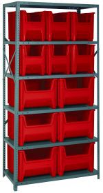 The Quantum Shelving Unit, measuring 18D x 36L x 75H, features heavy-duty galvanized steel construction with six shelves supporting up to 400 lbs each. It includes six QGH600 and six QGH800 large red bins with open fronts for easy access, supported by uprights and cross bars for efficient organization.