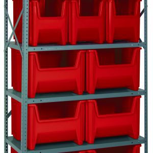 The Quantum Shelving Unit, measuring 18D x 36L x 75H, features heavy-duty galvanized steel construction with six shelves supporting up to 400 lbs each. It includes six QGH600 and six QGH800 large red bins with open fronts for easy access, supported by uprights and cross bars for efficient organization.