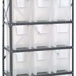 The Quantum Shelving Unit is a tall, heavy-duty shelving system 18D x 36L x 75H with a galvanized steel frame. It includes six shelves, each holding up to 400 lbs and featuring 15 QGH600 clear bins. The design includes sturdy uprights and cross bars for optimal organization.