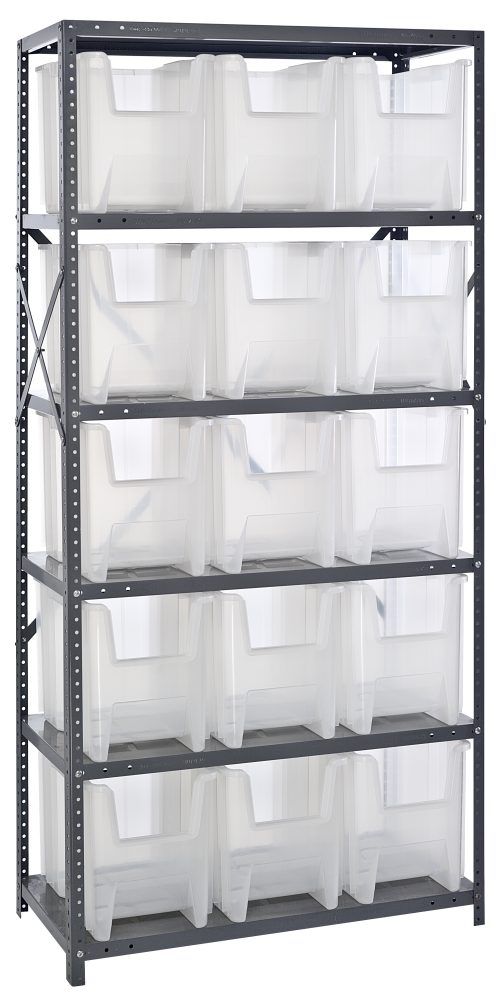 The Quantum Shelving Unit is a tall, heavy-duty shelving system 18D x 36L x 75H with a galvanized steel frame. It includes six shelves, each holding up to 400 lbs and featuring 15 QGH600 clear bins. The design includes sturdy uprights and cross bars for optimal organization.
