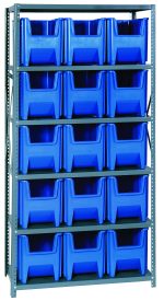 The Quantum Shelving Unit, measuring 18D x 36L x 75H with a load capacity of 400 lbs per shelf, features six shelves and includes fifteen QGH600 blue bins. It is made of galvanized steel and has sturdy uprights and cross bars for organized storage.
