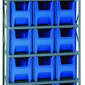 The Quantum Shelving Unit, measuring 18D x 36L x 75H with a load capacity of 400 lbs per shelf, features six shelves and includes fifteen QGH600 blue bins. It is made of galvanized steel and has sturdy uprights and cross bars for organized storage.