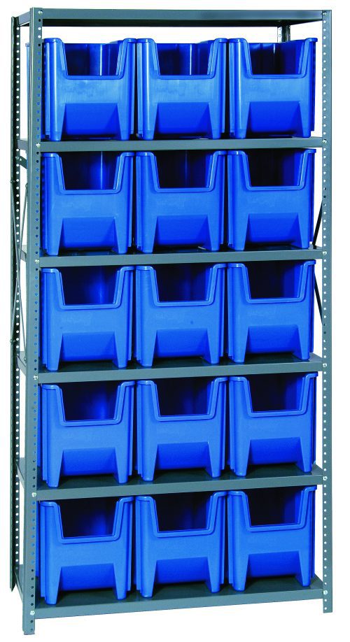 The Quantum Shelving Unit, measuring 18D x 36L x 75H with a load capacity of 400 lbs per shelf, features six shelves and includes fifteen QGH600 blue bins. It is made of galvanized steel and has sturdy uprights and cross bars for organized storage.