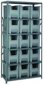 The Quantum Shelving Unit is 18D x 36L x 75H, supporting 400 lbs per shelf, featuring six levels with fifteen QGH600 gray bins that open at the front for easy access. Its made of galvanized steel and includes sturdy uprights and cross bars for enhanced stability.