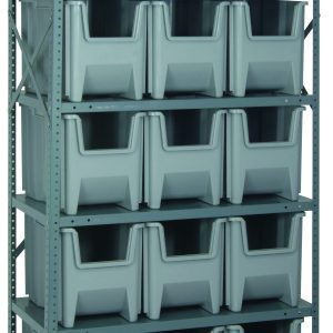 The Quantum Shelving Unit is 18D x 36L x 75H, supporting 400 lbs per shelf, featuring six levels with fifteen QGH600 gray bins that open at the front for easy access. Its made of galvanized steel and includes sturdy uprights and cross bars for enhanced stability.