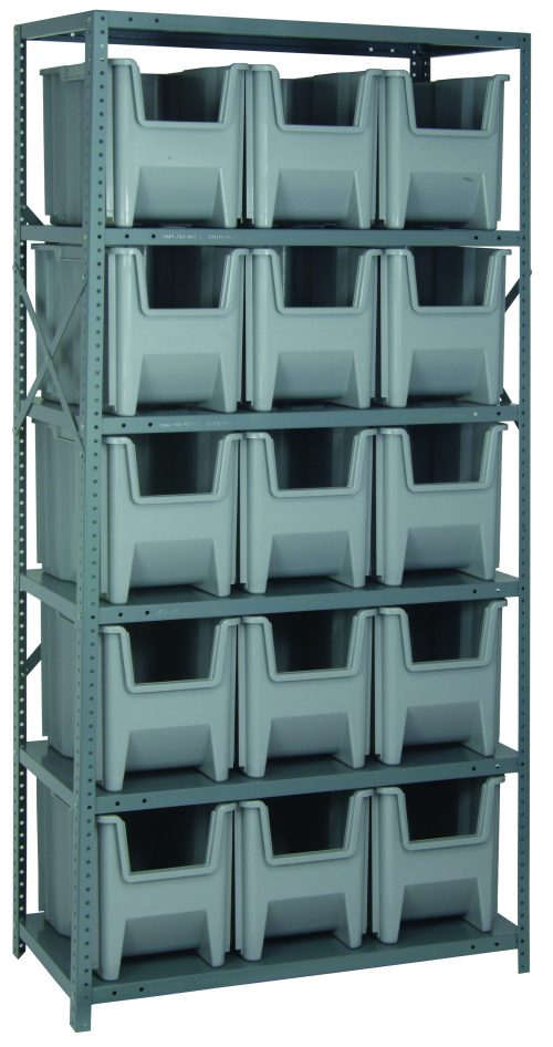 The Quantum Shelving Unit is 18D x 36L x 75H, supporting 400 lbs per shelf, featuring six levels with fifteen QGH600 gray bins that open at the front for easy access. Its made of galvanized steel and includes sturdy uprights and cross bars for enhanced stability.