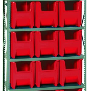 Introducing the Quantum Shelving Unit, 18D x 36L x 75H. This heavy-duty unit supports up to 400 lbs per shelf and includes six galvanized steel shelves with a total of fifteen QGH600 red bins for organized storage.