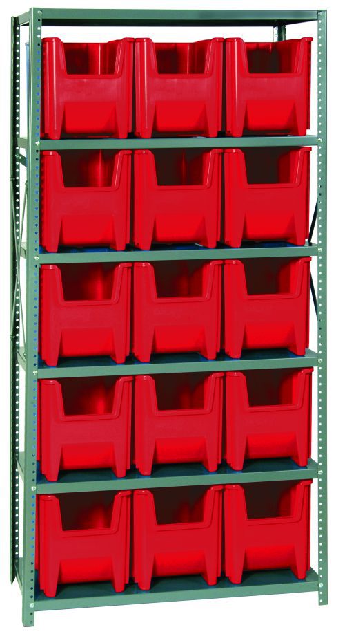 QSBU-600_RD.jpg Introducing the Quantum Shelving Unit, 18D x 36L x 75H. This heavy-duty unit supports up to 400 lbs per shelf and includes six galvanized steel shelves with a total of fifteen QGH600 red bins for organized storage.