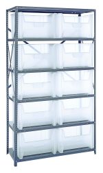 The Quantum Shelving Unit measures 18D x 42L x 75H, has a load capacity of 400 lbs per shelf, features six heavy-duty shelves and ten QGH700 clear bins. This freestanding galvanized steel unit offers an organized storage solution with a light industrial design.