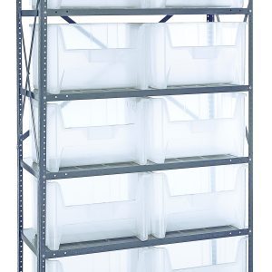 The Quantum Shelving Unit measures 18D x 42L x 75H, has a load capacity of 400 lbs per shelf, features six heavy-duty shelves and ten QGH700 clear bins. This freestanding galvanized steel unit offers an organized storage solution with a light industrial design.