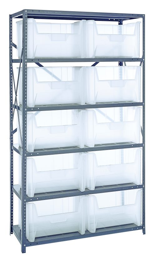The Quantum Shelving Unit measures 18D x 42L x 75H, has a load capacity of 400 lbs per shelf, features six heavy-duty shelves and ten QGH700 clear bins. This freestanding galvanized steel unit offers an organized storage solution with a light industrial design.