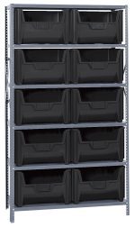 The Quantum Shelving Unit, measuring 18D x 42L x 75H, offers a robust 400 lb. load capacity per shelf and includes six shelves with ten QGH700 black bins. The bins have a sloped front for easy access and are supported by sturdy galvanized steel uprights and cross bars.