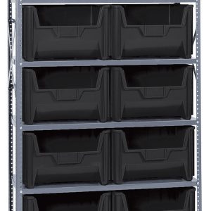 The Quantum Shelving Unit, measuring 18D x 42L x 75H, offers a robust 400 lb. load capacity per shelf and includes six shelves with ten QGH700 black bins. The bins have a sloped front for easy access and are supported by sturdy galvanized steel uprights and cross bars.