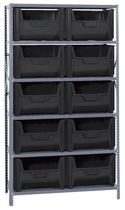 The Quantum Shelving Unit, measuring 18D x 42L x 75H, offers a robust 400 lb. load capacity per shelf and includes six shelves with ten QGH700 black bins. The bins have a sloped front for easy access and are supported by sturdy galvanized steel uprights and cross bars.