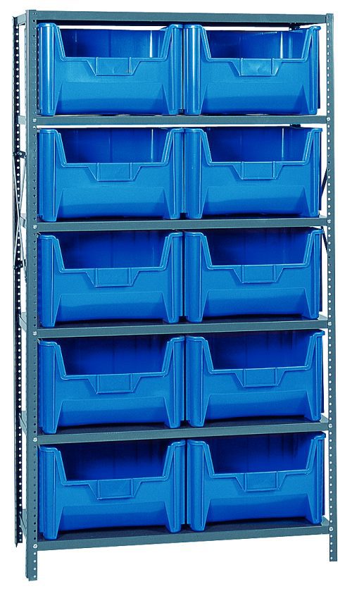 QSBU-700_BL.jpg The Quantum Shelving Unit is 18D X 42L X 75H, has a robust 400 lb. load capacity per shelf, and includes six shelves and ten QGH700 blue bins. Its open-top design in galvanized steel makes accessing and organizing tools or materials easy.