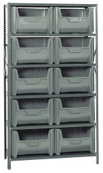 The Quantum Shelving Unit, with dimensions of 18D x 42L x 75H, has six shelves each holding up to 400 lbs. It includes ten QGH700 gray bins with open fronts for easy access, along with uprights and crossbars in a galvanized steel finish—ideal for organizing items efficiently.