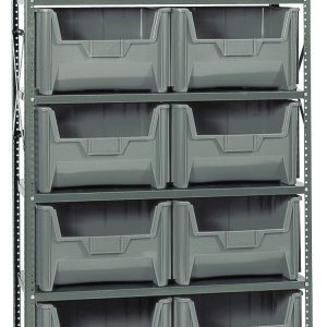The Quantum Shelving Unit, with dimensions of 18D x 42L x 75H, has six shelves each holding up to 400 lbs. It includes ten QGH700 gray bins with open fronts for easy access, along with uprights and crossbars in a galvanized steel finish—ideal for organizing items efficiently.