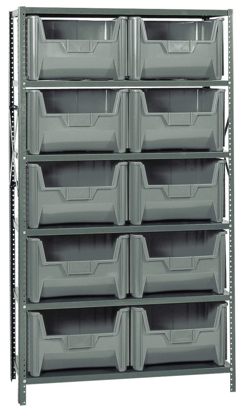 The Quantum Shelving Unit, with dimensions of 18D x 42L x 75H, has six shelves each holding up to 400 lbs. It includes ten QGH700 gray bins with open fronts for easy access, along with uprights and crossbars in a galvanized steel finish—ideal for organizing items efficiently.