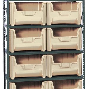 The Quantum Shelving Unit, measuring 18D x 42L x 75H with a galvanized steel finish, supports up to 400 lbs per shelf. It includes six shelves and ten QGH700 ivory bins with slanted openings, ensuring neat storage and easy access.