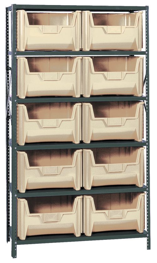 The Quantum Shelving Unit, measuring 18D x 42L x 75H with a galvanized steel finish, supports up to 400 lbs per shelf. It includes six shelves and ten QGH700 ivory bins with slanted openings, ensuring neat storage and easy access.